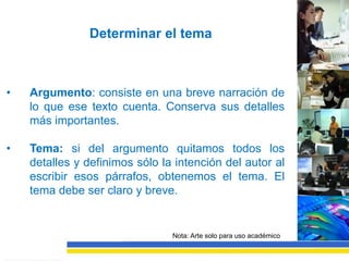Determinar el tema



•   Argumento: consiste en una breve narración de
    lo que ese texto cuenta. Conserva sus detalles
    más importantes.

•   Tema: si del argumento quitamos todos los
    detalles y definimos sólo la intención del autor al
    escribir esos párrafos, obtenemos el tema. El
    tema debe ser claro y breve.


                                Nota: Arte solo para uso académico
 