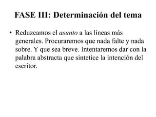 FASE III: Determinación del tema
• Reduzcamos el asunto a las líneas más
  generales. Procuraremos que nada falte y nada
  sobre. Y que sea breve. Intentaremos dar con la
  palabra abstracta que sintetice la intención del
  escritor.
 