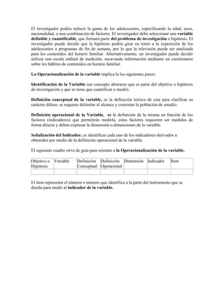 El investigador podría reducir la gama de los adolescentes, especificando la edad, sexo,
nacionalidad, o una combinación de factores. El investigador debe seleccionar una variable
definible y cuantificable, que formará parte del problema de investigación e hipótesis. El
investigador puede decidir que la hipótesis podría girar en torno a la exposición de los
adolescentes a programas de fin de semana, por lo que la televisión puede ser analizada
para los contenidos del horario familiar. Alternativamente, un investigador puede decidir
utilizar una escala ordinal de medición, socavando información mediante un cuestionario
sobre los hábitos de contenidos en horario familiar.
La Operacionalización de la variable implica la los siguientes pasos:
Identificación de la Variable (un concepto abstracto que es parte del objetivo o hipótesis
de investigación y que se tiene que cuantificar o medir).
Definición conceptual de la variable, es la definición teórica de esta para clarificar su
carácter difuso, se requiere delimitar el alcance y concretar la población de estudio.
Definición operacional de la Variable, es la definición de la misma en función de los
factores (indicadores) que permitirán medirla, estos factores requieren ser medidos de
forma directa y deben expresar la dimensión o dimensiones de la variable.
Señalización del Indicador, es identificar cada uno de los indicadores derivados u
obtenidos por medio de la definición operacional de la variable.
El siguiente cuadro sirve de guía para orientar a la Operacionalización de la variable.
Objetivo o
Hipótesis
Variable Definición
Conceptual
Definición
Operacional
Dimensión Indicador Ítem
El ítem representa el número o número que identifica a la parte del instrumento que se
diseña para medir al indicador de la variable.
 
