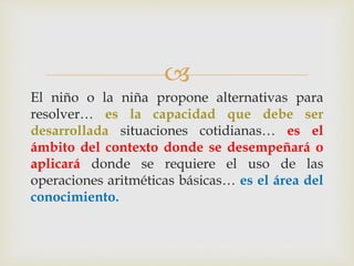 
El niño o la niña propone alternativas para
resolver… es la capacidad que debe ser
desarrollada situaciones cotidianas… es el
ámbito del contexto donde se desempeñará o
aplicará donde se requiere el uso de las
operaciones aritméticas básicas… es el área del
conocimiento.
 