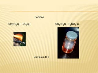 Carbono

•C(s)+O2(g)→CO2(g)                   CO2+H2O→H2CO3(g)




                     Su Hp es de 6
 