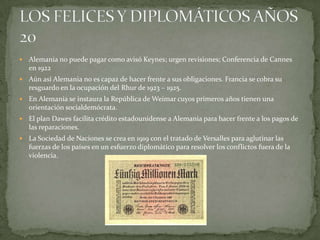 

Alemania no puede pagar como avisó Keynes; urgen revisiones; Conferencia de Cannes
en 1922



Aún así Alemania no es capaz de hacer frente a sus obligaciones. Francia se cobra su
resguardo en la ocupación del Rhur de 1923 – 1925.



En Alemania se instaura la República de Weimar cuyos primeros años tienen una
orientación socialdemócrata.



El plan Dawes facilita crédito estadounidense a Alemania para hacer frente a los pagos de
las reparaciones.



La Sociedad de Naciones se crea en 1919 con el tratado de Versalles para aglutinar las
fuerzas de los países en un esfuerzo diplomático para resolver los conflictos fuera de la
violencia.

 