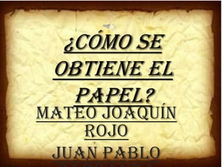 ¿Cómo se
 obtiene el
   papel?
Mateo Joaquín
    Rojo
 Juan pablo
 