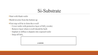 Si-Substrate
Start with blank wafer
Build inverter from the bottom up
First step will be to form the n-well
◦ Cover wafer with protective layer of SiO2 (oxide)
◦ Remove layer where n-well should be built
◦ Implant or diffuse n dopants into exposed wafer
◦ Strip off SiO2
p substrate
 