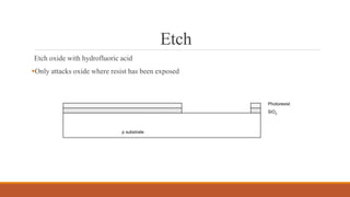 Etch
Etch oxide with hydrofluoric acid
Only attacks oxide where resist has been exposed
p substrate
SiO2
Photoresist
 