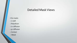 Detailed MaskViews
• Six masks
– n-well
– Polysilicon
– n+ diffusion
– p+ diffusion
– Contact
– Metal
 