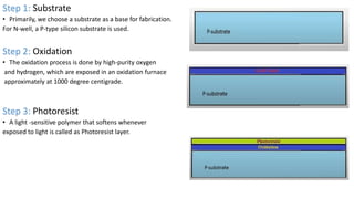 Step 1: Substrate
• Primarily, we choose a substrate as a base for fabrication.
For N-well, a P-type silicon substrate is used.
Step 2: Oxidation
• The oxidation process is done by high-purity oxygen
and hydrogen, which are exposed in an oxidation furnace
approximately at 1000 degree centigrade.
Step 3: Photoresist
• A light -sensitive polymer that softens whenever
exposed to light is called as Photoresist layer.
 