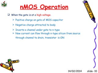 nMOS Operation 
 When the gate is at a high voltage. 
 Positive charge on gate of MOS capacitor 
 Negative charge attracted to body 
 Inverts a channel under gate to n-type 
 Now current can flow through n-type silicon from source 
through channel to drain, transistor is ON 
14/02/2014 slide- 10 
 