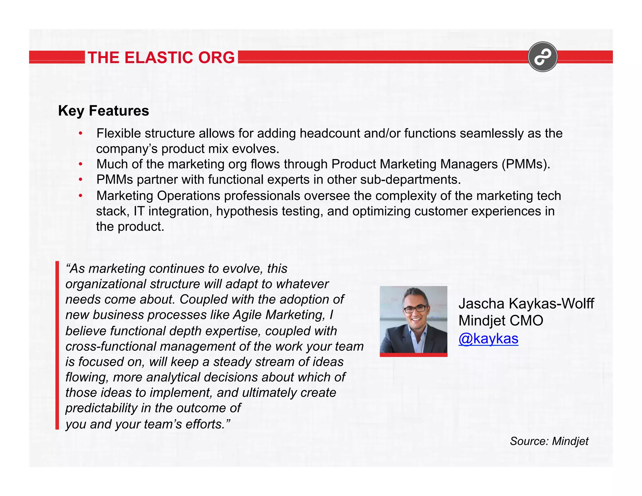 THE ELASTIC ORG
Key Features
•  Flexible structure allows for adding headcount and/or functions seamlessly as the
company’s product mix evolves.
•  Much of the marketing org flows through Product Marketing Managers (PMMs).
•  PMMs partner with functional experts in other sub-departments.
•  Marketing Operations professionals oversee the complexity of the marketing tech
stack, IT integration, hypothesis testing, and optimizing customer experiences in
the product.
“As marketing continues to evolve, this
organizational structure will adapt to whatever
needs come about. Coupled with the adoption of
new business processes like Agile Marketing, I
believe functional depth expertise, coupled with
cross-functional management of the work your team
is focused on, will keep a steady stream of ideas
flowing, more analytical decisions about which of
those ideas to implement, and ultimately create
predictability in the outcome of
you and your team’s efforts.”

Jascha Kaykas-Wolff
Mindjet CMO
@kaykas

Source: Mindjet

 