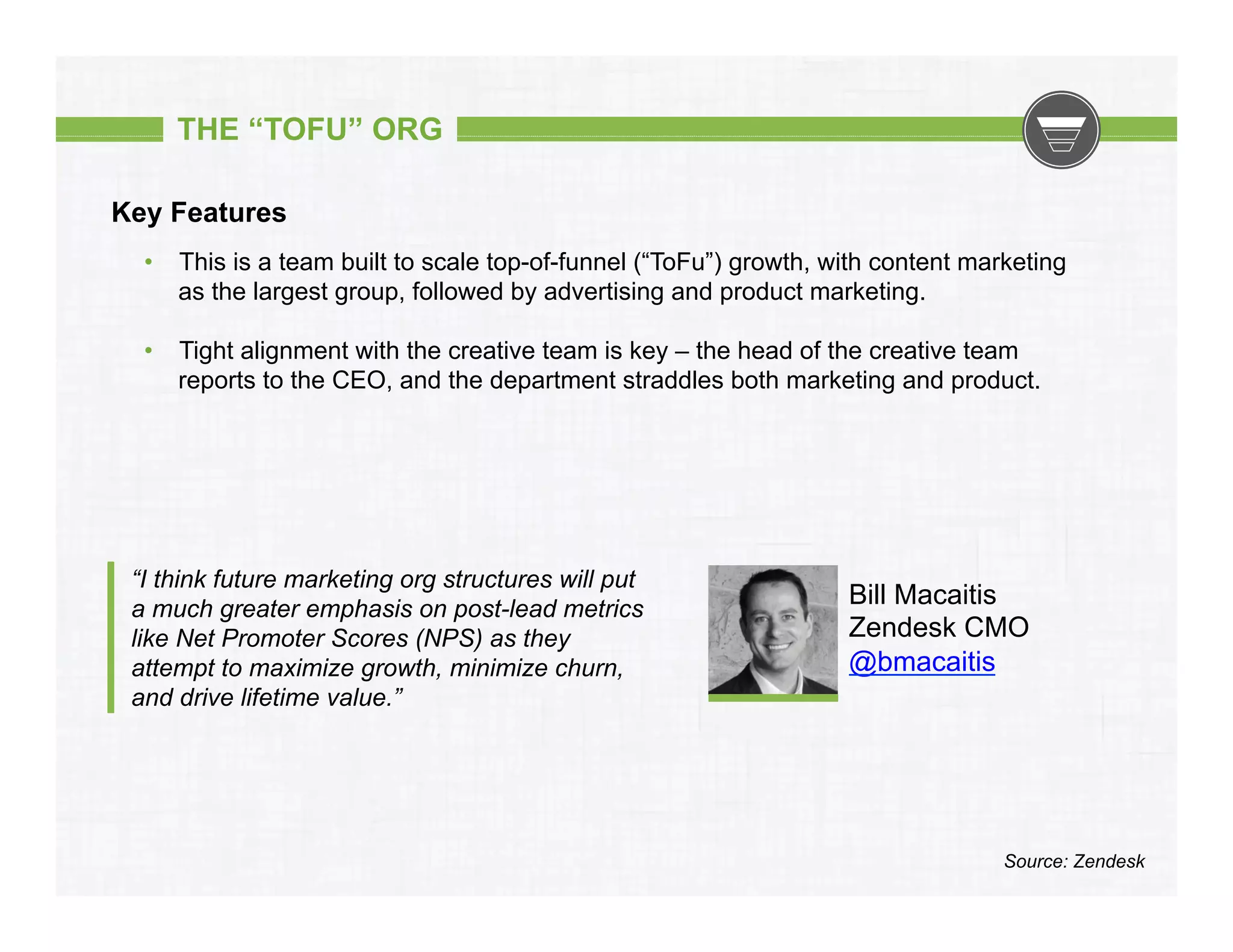 THE “TOFU” ORG
Key Features
•  This is a team built to scale top-of-funnel (“ToFu”) growth, with content marketing
as the largest group, followed by advertising and product marketing.
•  Tight alignment with the creative team is key – the head of the creative team
reports to the CEO, and the department straddles both marketing and product.

“I think future marketing org structures will put
a much greater emphasis on post-lead metrics
like Net Promoter Scores (NPS) as they
attempt to maximize growth, minimize churn,
and drive lifetime value.”

Bill Macaitis
Zendesk CMO
@bmacaitis

Source: Zendesk

 