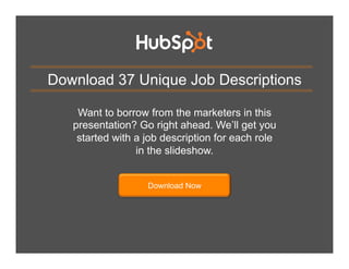 Download 37 Unique Job Descriptions
Want to borrow from the marketers in this
presentation? Go right ahead. We’ll get you
started with a job description for each role
in the slideshow.
Download Now

 