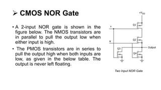  CMOS NOR Gate
• A 2-input NOR gate is shown in the
figure below. The NMOS transistors are
in parallel to pull the output low when
either input is high.
• The PMOS transistors are in series to
pull the output high when both inputs are
low, as given in the below table. The
output is never left floating.
Two Input NOR Gate
 