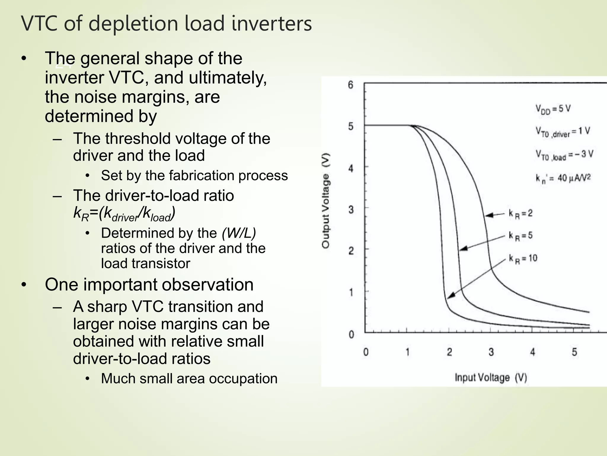 VTC of depletion load inverters
24
• The general shape of the
inverter VTC, and ultimately,
the noise margins, are
determined by
– The threshold voltage of the
driver and the load
• Set by the fabrication process
– The driver-to-load ratio
kR=(kdriver/kload)
• Determined by the (W/L)
ratios of the driver and the
load transistor
• One important observation
– A sharp VTC transition and
larger noise margins can be
obtained with relative small
driver-to-load ratios
• Much small area occupation
 