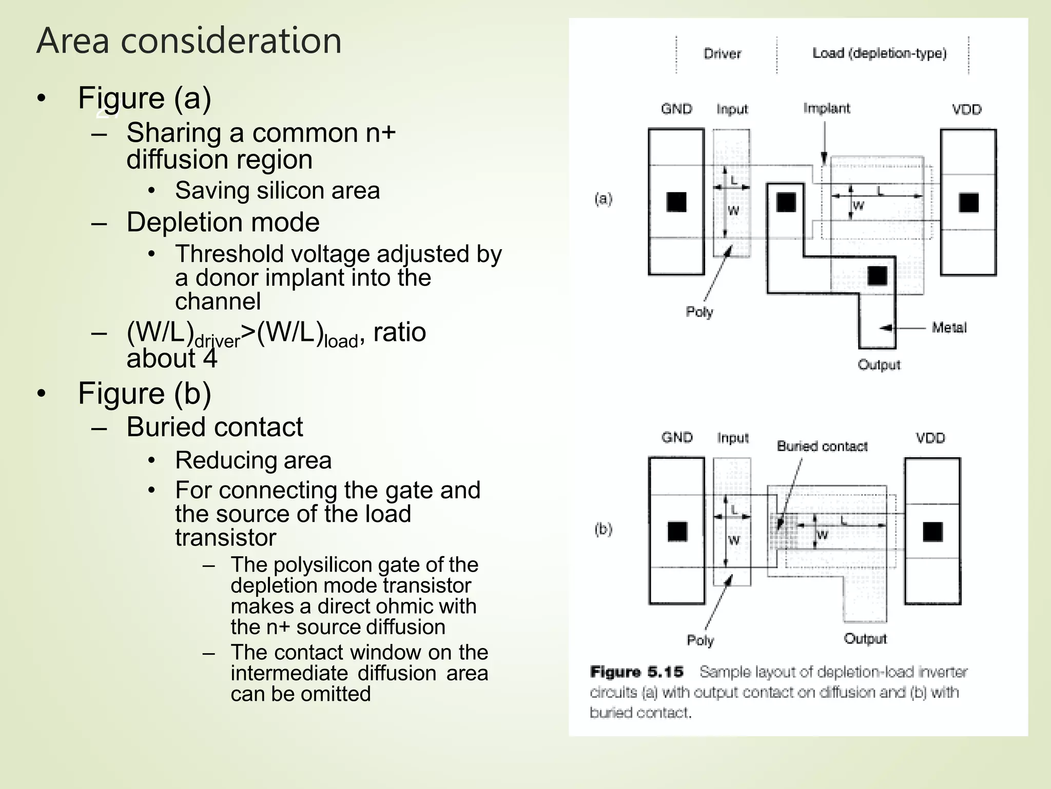 Area consideration
27
• Figure (a)
– Sharing a common n+
diffusion region
• Saving silicon area
– Depletion mode
• Threshold voltage adjusted by
a donor implant into the
channel
– (W/L)driver>(W/L)load, ratio
about 4
• Figure (b)
– Buried contact
• Reducing area
• For connecting the gate and
the source of the load
transistor
– The polysilicon gate of the
depletion mode transistor
makes a direct ohmic with
the n+ source diffusion
– The contact window on the
intermediate diffusion area
can be omitted
 