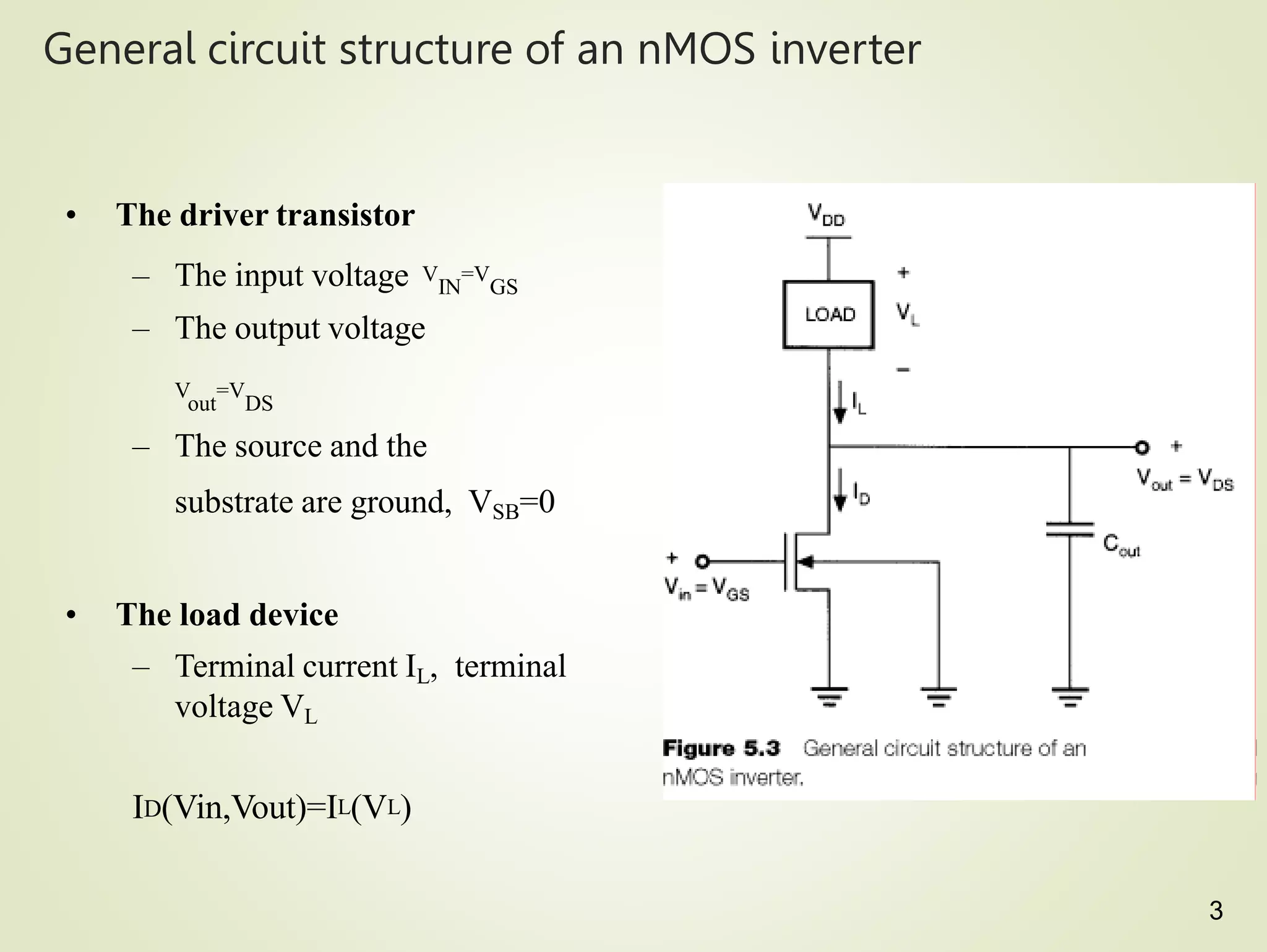 General circuit structure of an nMOS inverter
• The driver transistor
– The input voltage V
IN
=V
GS
– The output voltage
V
out
=V
DS
– The source and the
substrate are ground, VSB=0
• The load device
– Terminal current IL, terminal
voltage VL
ID(Vin,Vout)=IL(VL)
3
 