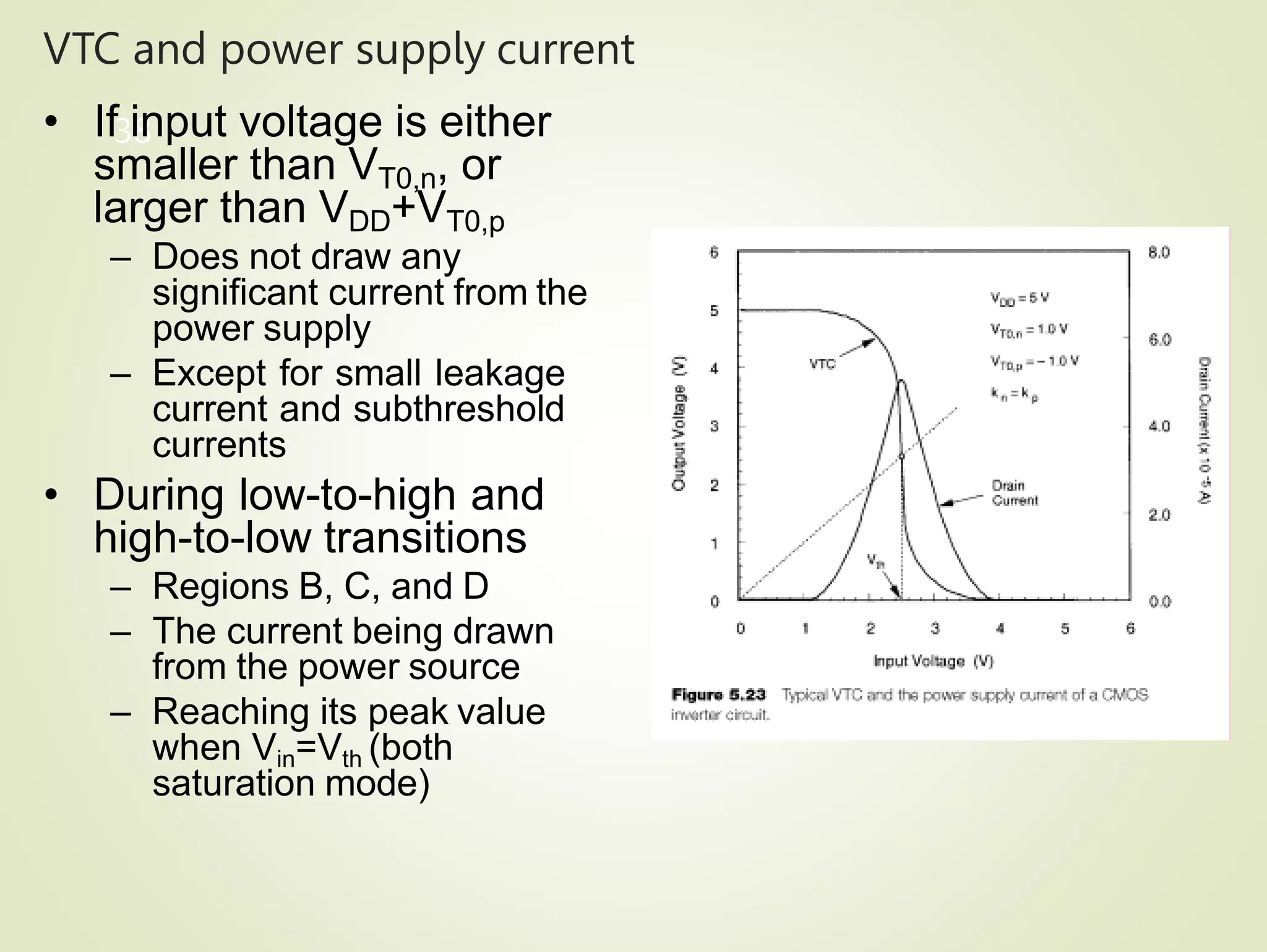 VTC and power supply current
38
• If input voltage is either
smaller than VT0,n, or
larger than VDD+VT0,p
– Does not draw any
significant current from the
power supply
– Except for small leakage
current and subthreshold
currents
• During low-to-high and
high-to-low transitions
– Regions B, C, and D
– The current being drawn
from the power source
– Reaching its peak value
when Vin=Vth (both
saturation mode)
 