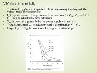 VTC for different knRL
10
• The term knRL plays an important role in determining the shape of the
voltage transfer characteristic
• knRL appears as a critical parameter in expressions for VOL, VIL, and VIH
• knRL can be adjusted by circuitdesigner
• VOH is determine primarily by the power supply voltage,VDD
• The adjustment of VOL receives primarily attention than VIL,VIH
• Larger knRL VOL becomes smaller, larger transitionslope
 