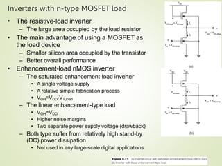 Inverters with n-type MOSFET load
19
• The resistive-load inverter
– The large area occupied by the load resistor
• The main advantage of using a MOSFET as
the load device
– Smaller silicon area occupied by the transistor
– Better overall performance
• Enhancement-load nMOS inverter
– The saturated enhancement-load inverter
• A single voltage supply
• A relative simple fabrication process
• VOH=VDD-VT,load
– The linear enhancement-type load
• VOH=VDD
• Higher noise margins
• Two separate power supply voltage (drawback)
– Both type suffer from relatively high stand-by
(DC) power dissipation
• Not used in any large-scale digital applications
 