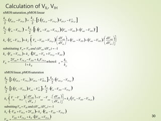 30
Calculation of VIL, VIH
k V V  k 2V V V V 
p

kn
R
R
IL
substituting Vin  VIL and (dVout /dVin )  -1
n IL T 0.n p out IL T 0, p DD
p
out DD
n
n
k
1 k

2Vout  VT 0, p VDD  kRVT 0,n
wherek
V
k
V V V
k
V V 
2 p
GS ,n T0,n
k




 dVin 
 dVout 
  Vout VDD  Vout VDD 
 dVin 
 dVout 
V V V 
k V V  k   in DD T 0, p
n in T0,n
2
2
2
V  V V 2

in DD T 0, p out DD

V V 2

kp

2
V
in T0,n
2V V V V 2

GS , p T 0, p DS,P DS,p
2
nMOSsaturation, pMOSlinear
V V
kn
 2V 
V V V 2
V V V 
 k  
n
V V  k 2V V 
k V V  2V  k 
V V V 
substitingVin VIH and(dVout /dVin )  -1
out T0,n
DD T 0,p R
out p IH DD T0,p
IH T0,n
in DD T0,p
out
V 
k
V 
V
V V



  dVout 
 dVin   dVin 
 dVout 
V V   V V  
out out
k   p in DD T0,p
n in T0,n
2
2
in T 0,n out
2 2
2 p
2
GS, p T0,p
kn
 2V V 2

kp
V
GS,n T 0,n DS,n DS,n
nMOSlinear, pMOSsaturation
 