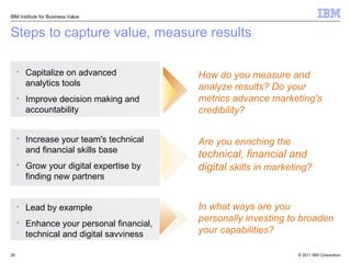 Steps to capture value, measure results Capitalize on advanced analytics tools Improve decision making and accountability Lead by example Enhance your personal financial, technical and digital savviness Increase your team's technical and financial skills base Grow your digital expertise by finding new partners  IBM Institute for Business Value In what ways are you personally investing to broaden your capabilities? Are you enriching the  technical, financial and digital   skills in marketing? How do you measure and analyze results? Do your metrics advance marketing's credibility? 