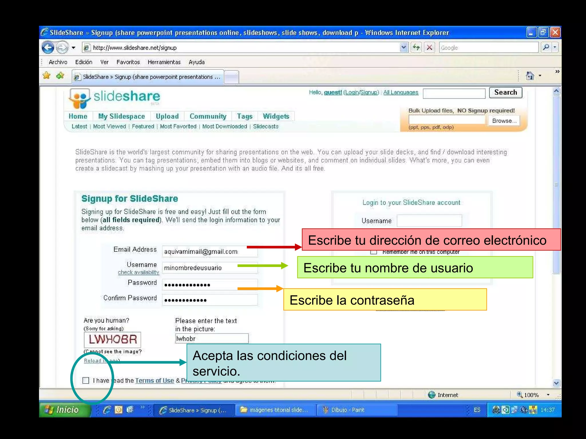 Escribe tu dirección de correo electrónico Escribe tu nombre de usuario Escribe la contraseña Acepta las condiciones del servicio. 