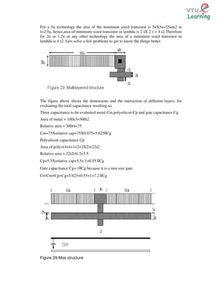 For a 5u technology the area of the minimum sized transistor is 5uX5u=25um2 ie
 =2.5u, hence,area of minimum sized transistor in lambda is 2 X 2 = 4 2.Therefore
for 2u or 1.2u or any other technology the area of a minimum sized transistor in
lambda is 4 2. Lets solve a few problems to get to know the things better.




The figure above shows the dimensions and the interaction of different layers, for
evaluating the total capacitance resulting so.
Three capacitance to be evaluated metal Cm,polysilicon Cp and gate capacitance Cg
Area of metal = 100x3=300 2
Relative area = 300/4=75
Cm=75Xrelative cap=75X0.075=5.625 Cg      ﾛ
Polysilicon capacitance Cp
Area of poly=(4x4+1x2+2X2)=22 2
Relative area = 22 2/4 2=5.5
Cp=5.5Xrelative cap=5.5x.1=0.55 Cgﾛ
Gate capacitance Cg= 1 Cg because it is a min size gate
                       ﾛ
Ct=Cm+Cp+Cg=5.625+0.55+1=7.2 Cg       ﾛ




Figure 29:Mos structure
 