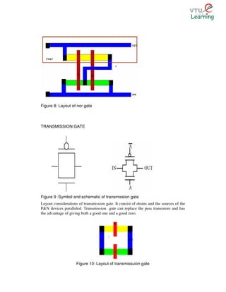 Figure 8: Layout of nor gate



TRANSMISSION GATE




Figure 9 :Symbol and schematic of transmission gate
Layout considerations of transmission gate. It consist of drains and the sources of the
P&N devices paralleled. Transmission gate can replace the pass transistors and has
the advantage of giving both a good one and a good zero.




                     Figure 10: Layout of transmissuion gate
 