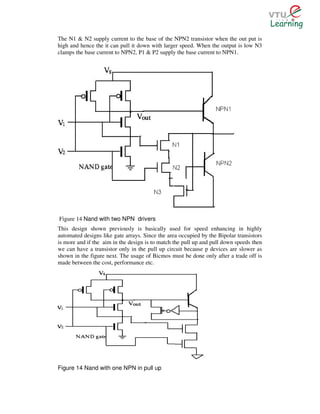 The N1 & N2 supply current to the base of the NPN2 transistor when the out put is
high and hence the it can pull it down with larger speed. When the output is low N3
clamps the base current to NPN2, P1 & P2 supply the base current to NPN1.




Figure 14 Nand with two NPN drivers
This design shown previously is basically used for speed enhancing in highly
automated designs like gate arrays. Since the area occupied by the Bipolar transistors
is more and if the aim in the design is to match the pull up and pull down speeds then
we can have a transistor only in the pull up circuit because p devices are slower as
shown in the figure next. The usage of Bicmos must be done only after a trade off is
made between the cost, performance etc.




Figure 14 Nand with one NPN in pull up
 