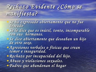 Rechazo Evidente ¿Cómo se manifiesta? Se ha expresado abiertamente que no fue deseado Se le dice que es inútil, tonto, incomparable con sus  hermanos. Se dice abiertamente que deseaban un hijo de otro sexo. Agresiones verbales o físicas que crean temor e inseguridad. Rechazo por incapacidad del hijo. Abuso y violaciones sexuales. Padres que abandonan el hogar 