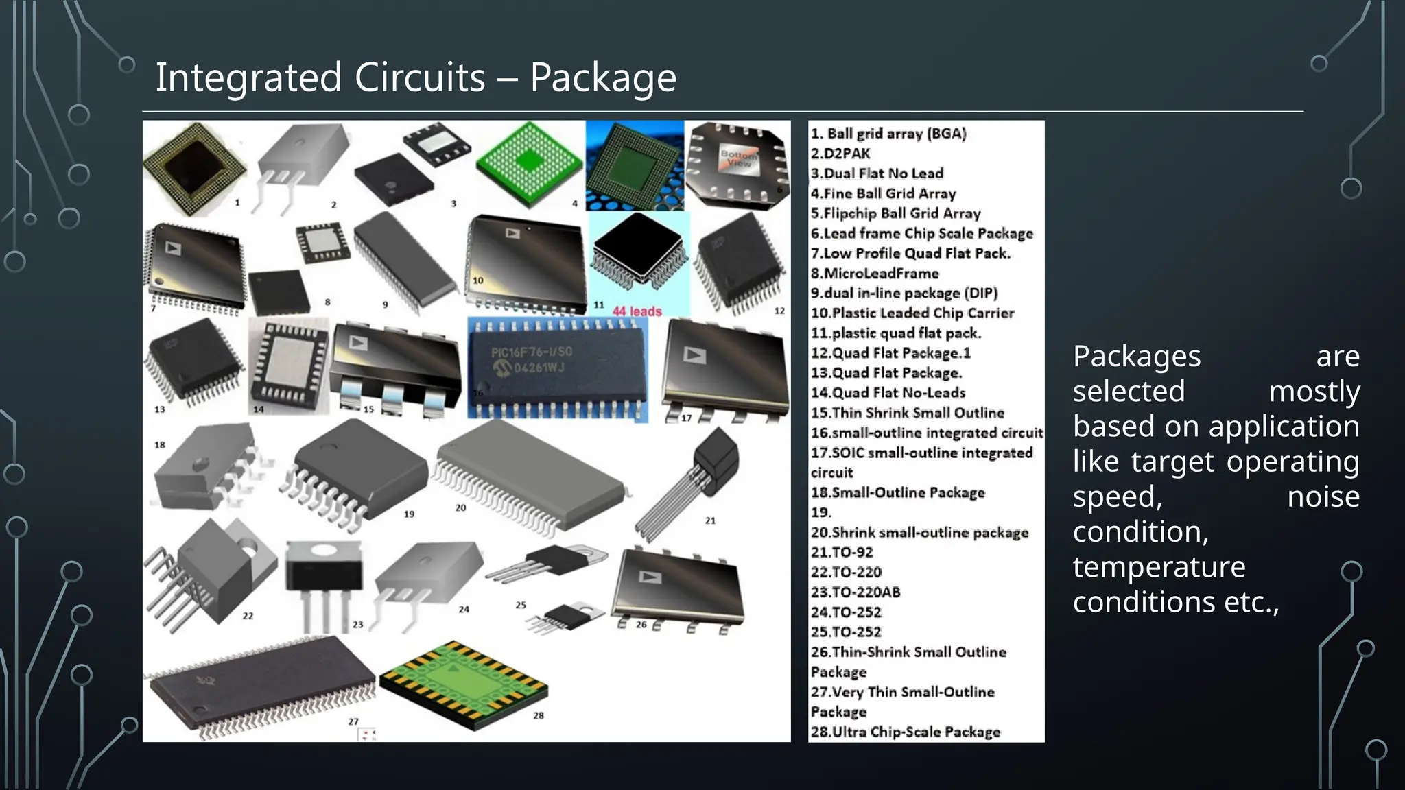 Integrated Circuits – Package
Packages are
selected mostly
based on application
like target operating
speed, noise
condition,
temperature
conditions etc.,
 