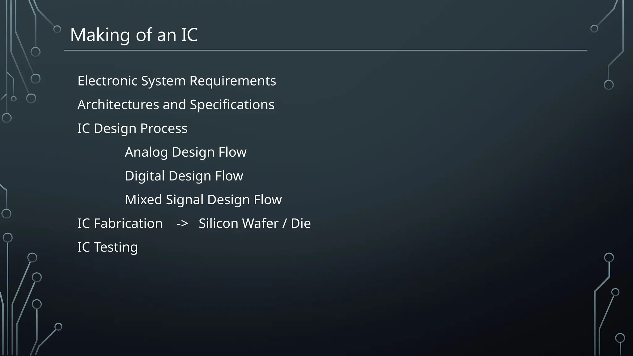 Making of an IC
Electronic System Requirements
Architectures and Specifications
IC Design Process
Analog Design Flow
Digital Design Flow
Mixed Signal Design Flow
IC Fabrication -> Silicon Wafer / Die
IC Testing
 