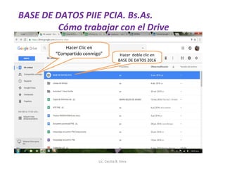 BASE DE DATOS PIIE PCIA. Bs.As.
Cómo trabajar con el Drive
Hacer Clic en
“Compartido conmigo” Hacer doble clic en
BASE DE DATOS 2016
Lic. Cecilia B. Vera
 