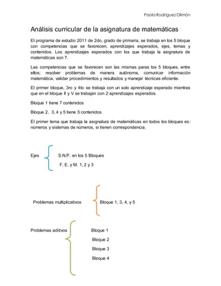 Paola Rodríguez Olimón
Análisis curricular de la asignatura de matemáticas
El programa de estudio 2011 de 2do, grado de primaria, se trabaja en los 5 bloque
con competencias que se favorecen, aprendizajes esperados, ejes, temas y
contenidos. Los aprendizajes esperados con los que trabaja la asignatura de
matemáticas son 7.
Las competencias que se favorecen son las mismas paras los 5 bloques, entre
ellos; resolver problemas de manera autónoma, comunicar información
matemática, validar procedimientos y resultados y manejar técnicas eficiente.
El primer bloque, 3ro y 4to se trabaja con un solo aprendizaje esperado mientras
que en el bloque II y V se trabajan con 2 aprendizajes esperados.
Bloque 1 tiene 7 contenidos
Bloque 2, 3, 4 y 5 tiene 5 contenidos
El primer tema que trabaja la asignatura de matemáticas en todos los bloques es:
números y sistemas de números, si tienen correspondencia.
Ejes S.N.P. en los 5 Bloques
F. E. y M. 1, 2 y 3
Problemas multiplicativos Bloque 1, 3, 4, y 5
Problemas aditivos Bloque 1
Bloque 2
Bloque 3
Bloque 4
 