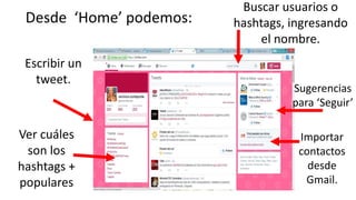 Desde ‘Home’ podemos:
Escribir un
tweet.
Buscar usuarios o
hashtags, ingresando
el nombre.
Ver cuáles
son los
hashtags +
populares
Sugerencias
para ‘Seguir’
Importar
contactos
desde
Gmail.