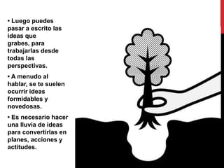• Luego puedes
pasar a escrito las
ideas que
grabes, para
trabajarlas desde
todas las
perspectivas.
• A menudo al
hablar, se te suelen
ocurrir ideas
formidables y
novedosas.
• Es necesario hacer
una lluvia de ideas
para convertirlas en
planes, acciones y
actitudes.
 