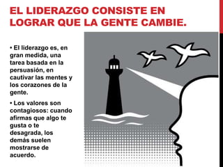 EL LIDERAZGO CONSISTE EN
LOGRAR QUE LA GENTE CAMBIE.

• El liderazgo es, en
gran medida, una
tarea basada en la
persuasión, en
cautivar las mentes y
los corazones de la
gente.
• Los valores son
contagiosos: cuando
afirmas que algo te
gusta o te
desagrada, los
demás suelen
mostrarse de
acuerdo.
 