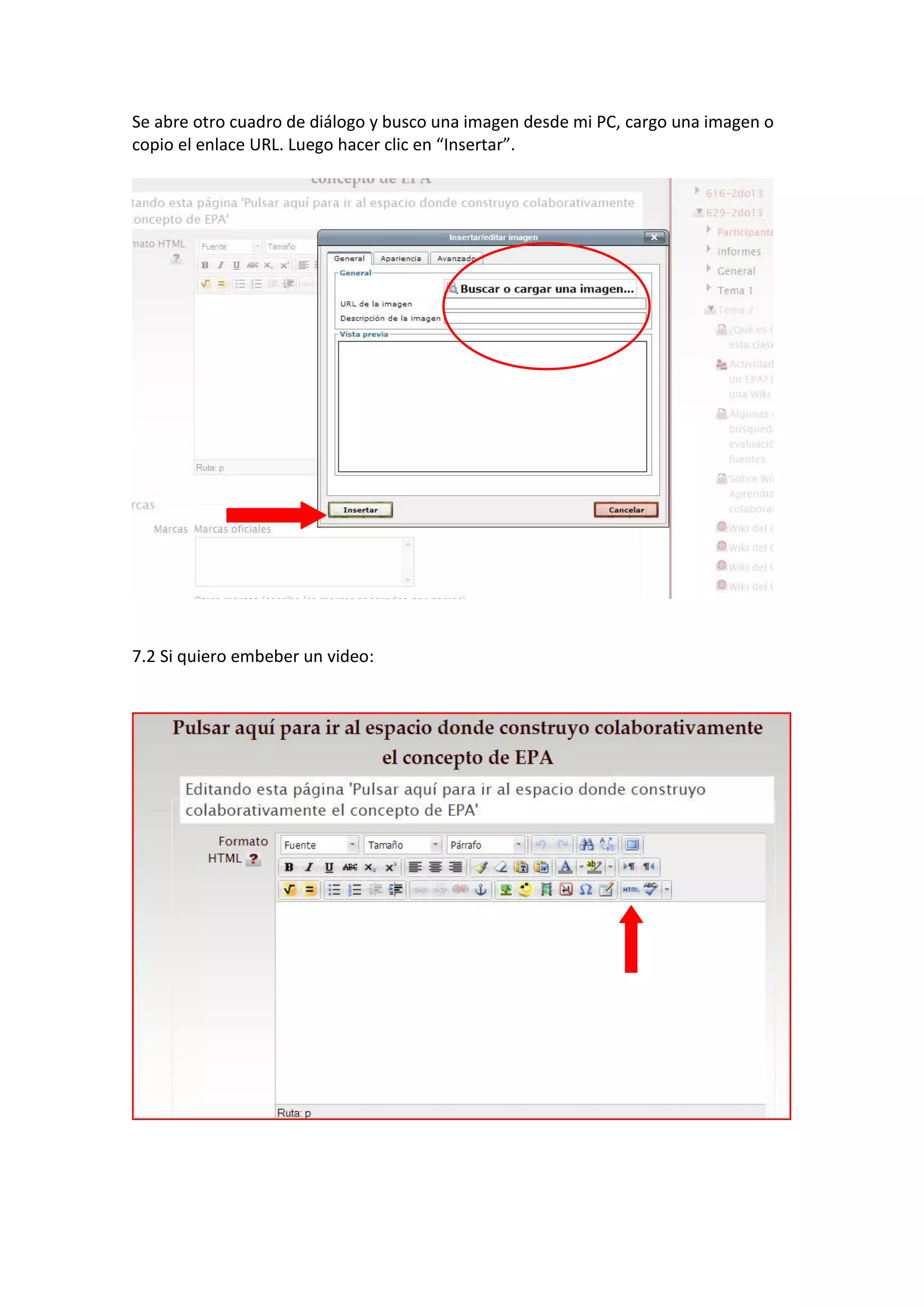Se abre otro cuadro de diálogo y busco una imagen desde mi PC, cargo una imagen o
copio el enlace URL. Luego hacer clic en “Insertar”.
7.2 Si quiero embeber un video:
 