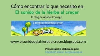 Cómo encontrar lo que necesito en
El sonido de la hierba al crecer
www.elsonidodelahierbaelcrecer.blogspot.com
Presentación elaborada por:
Elizabeth Déniz, sergioescapaz
El blog de Anabel Cornago
 