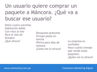 www.community.com.pe Consultora Marketing Digital
Un usuario quiere comprar un
paquete a Máncora. ¿Qué va a
buscar ese usuario?
Hotel cuatro estrellas
Habitación doble
Con vista al mar
Para el mes de
Octubre
¿Qué ofrece?
Desayunos gratuitos
Incluye paseo en
lancha
Oferta para días de
semana.
¿Cómo me lo ofrece?
La empresa es
confiable.
Hace cuánto tiempo
que vende estos
paquetes.
¿Quién me lo ofrece?
 