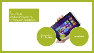3. 
Presenta tu 
producto/servicio en 
términos de beneficios. 
Características/ 
Atributos Beneficios 
 