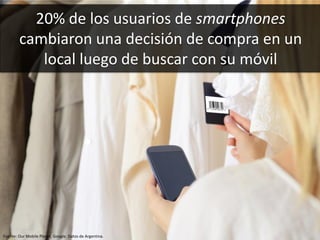 12
20% de los usuarios de smartphones
cambiaron una decisión de compra en un
local luego de buscar con su móvil
Fuente: Our Mobile Planet, Google. Datos de Argentina.
 