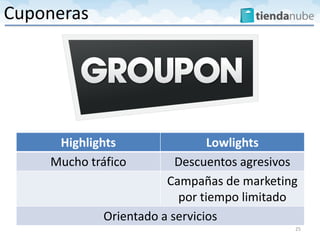 Highlights Lowlights
Mucho tráfico Descuentos agresivos
Campañas de marketing
por tiempo limitado
Orientado a servicios
25
Cuponeras
 