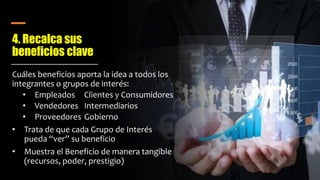 4. Recalca sus
beneficios clave
Cuáles beneficios aporta la idea a todos los
integrantes o grupos de interés:
• Empleados Clientes y Consumidores
• Vendedores Intermediarios
• Proveedores Gobierno
• Trata de que cada Grupo de Interés
pueda “ver” su beneficio
• Muestra el Beneficio de manera tangible
(recursos, poder, prestigio)
 