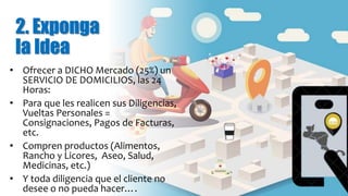 2. Exponga
la Idea
• Ofrecer a DICHO Mercado (25%) un
SERVICIO DE DOMICILIOS, las 24
Horas:
• Para que les realicen sus Diligencias,
Vueltas Personales =
Consignaciones, Pagos de Facturas,
etc.
• Compren productos (Alimentos,
Rancho y Licores, Aseo, Salud,
Medicinas, etc.)
• Y toda diligencia que el cliente no
desee o no pueda hacer….
 
