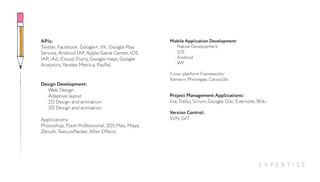 E X P E R T I S E
Mobile Application Development:
· Native Development:
· iOS
· Android
· WP
Cross-platform Frameworks:
Xamarin, Phonegap, Cocos2dx
APIs:
Twitter, Facebook, Google+, VK, Google Play
Service, Android IAP, Apple Game Center, IOS
IAP, iAd, iCloud, Flurry, Google maps, Google
Analytics, Yandex Metrica. PayPal.
Version Control:
SVN, GIT
Design Development:
· Web Design
· Adaptive layout
· 2D Design and animation
· 3D Design and animation
Applications:
Photoshop, Flash Professional, 3DS Max, Maya,
Zbrush, TexturePacker, After Effects.
Project Management Applications:
Jira, Trello, Scrum, Google Doc, Evernote, Wiki.
 