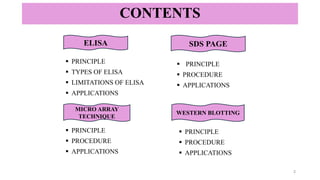 CONTENTS
▪ PRINCIPLE
▪ TYPES OF ELISA
▪ LIMITATIONS OF ELISA
▪ APPLICATIONS
▪ PRINCIPLE
▪ PROCEDURE
▪ APPLICATIONS
ELISA
MICRO ARRAY
TECHNIQUE
WESTERN BLOTTING
▪ PRINCIPLE
▪ PROCEDURE
▪ APPLICATIONS
SDS PAGE
▪ PRINCIPLE
▪ PROCEDURE
▪ APPLICATIONS
2
 