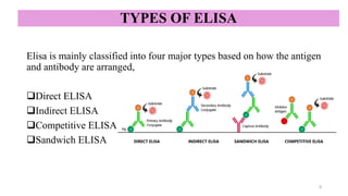 TYPES OF ELISA
Elisa is mainly classified into four major types based on how the antigen
and antibody are arranged,
❑Direct ELISA
❑Indirect ELISA
❑Competitive ELISA
❑Sandwich ELISA
5
 