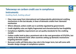 25.10.2023 6
Takeaways on carbon credit use in compliance
instruments
Looking back, looking ahead
• Clear move away from international and independently‐administered crediting
mechanisms in the last decade, in favor of domestic credits from ‘domestic’
mechanism
• Where allowed, carbon credit use is carefully regulated by governments
• Credit eligibility rules are highly fragmented and characterized by low‐fungibility
• Compliance eligibility requirement can set quality standards for the crediting
market
• Carbon credits look to play a prominent role in the next generation of ETS/CPIs, but
mainly at the domestic level: often countries setting up domestic mechanisms
targeting domestic supply
• Removal credits will likely play a key role in the longer term, but will come with
broader design changes to compliance systems
 