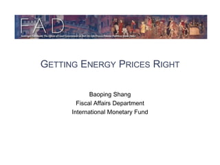 GETTING ENERGY PRICES RIGHT
Baoping Shang
Fiscal Affairs Department
International Monetary Fund
 