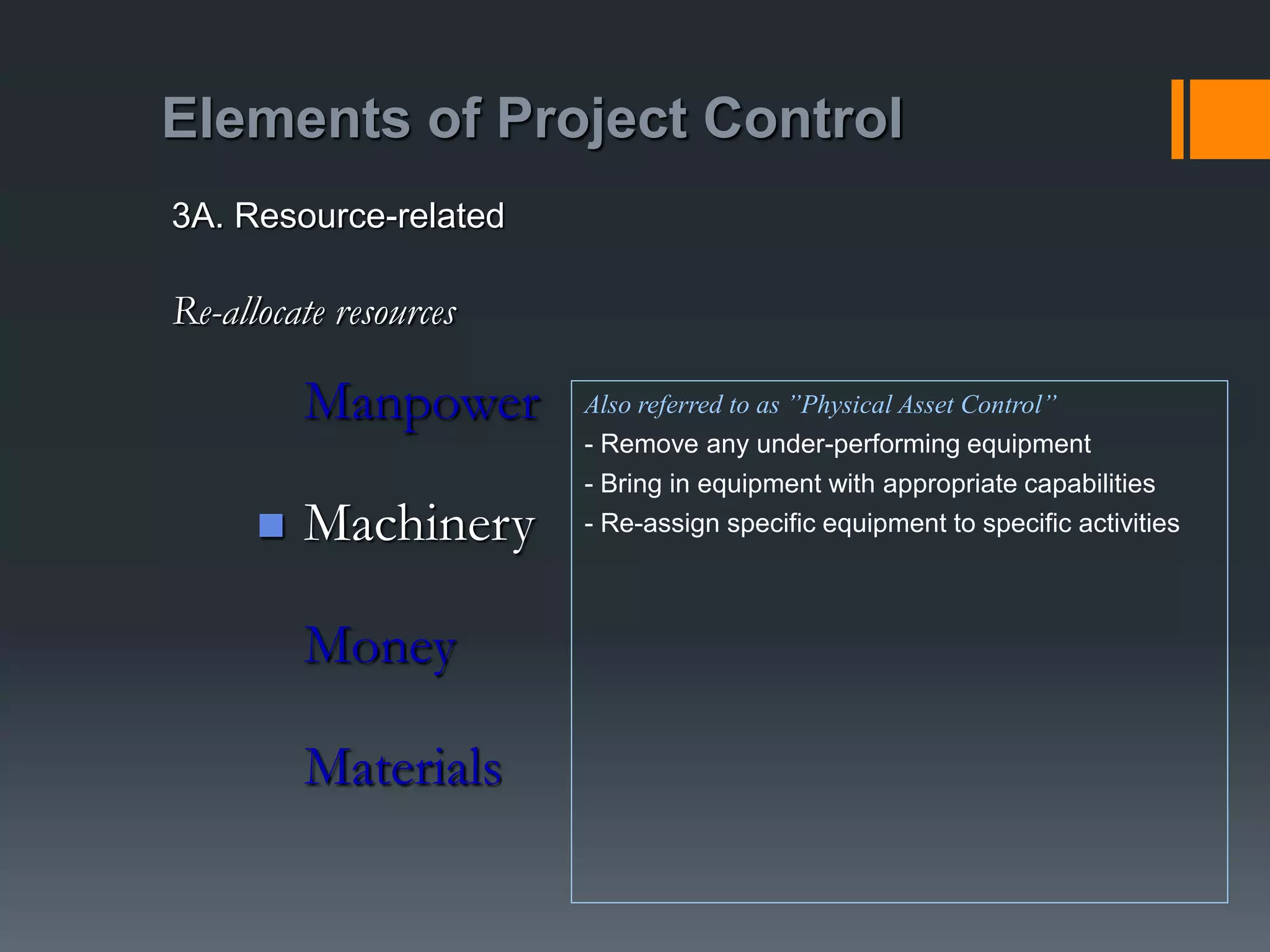 Elements of Project Control
Manpower
 Machinery
Money
Materials
3A. Resource-related
Re-allocate resources
Also referred to as ”Physical Asset Control”
- Remove any under-performing equipment
- Bring in equipment with appropriate capabilities
- Re-assign specific equipment to specific activities
 